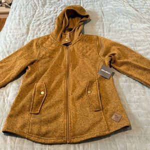 NWT Eddie Bauer Caramel Knit Jacket, Hooded, Quilted Elbows, Pockets, Size S